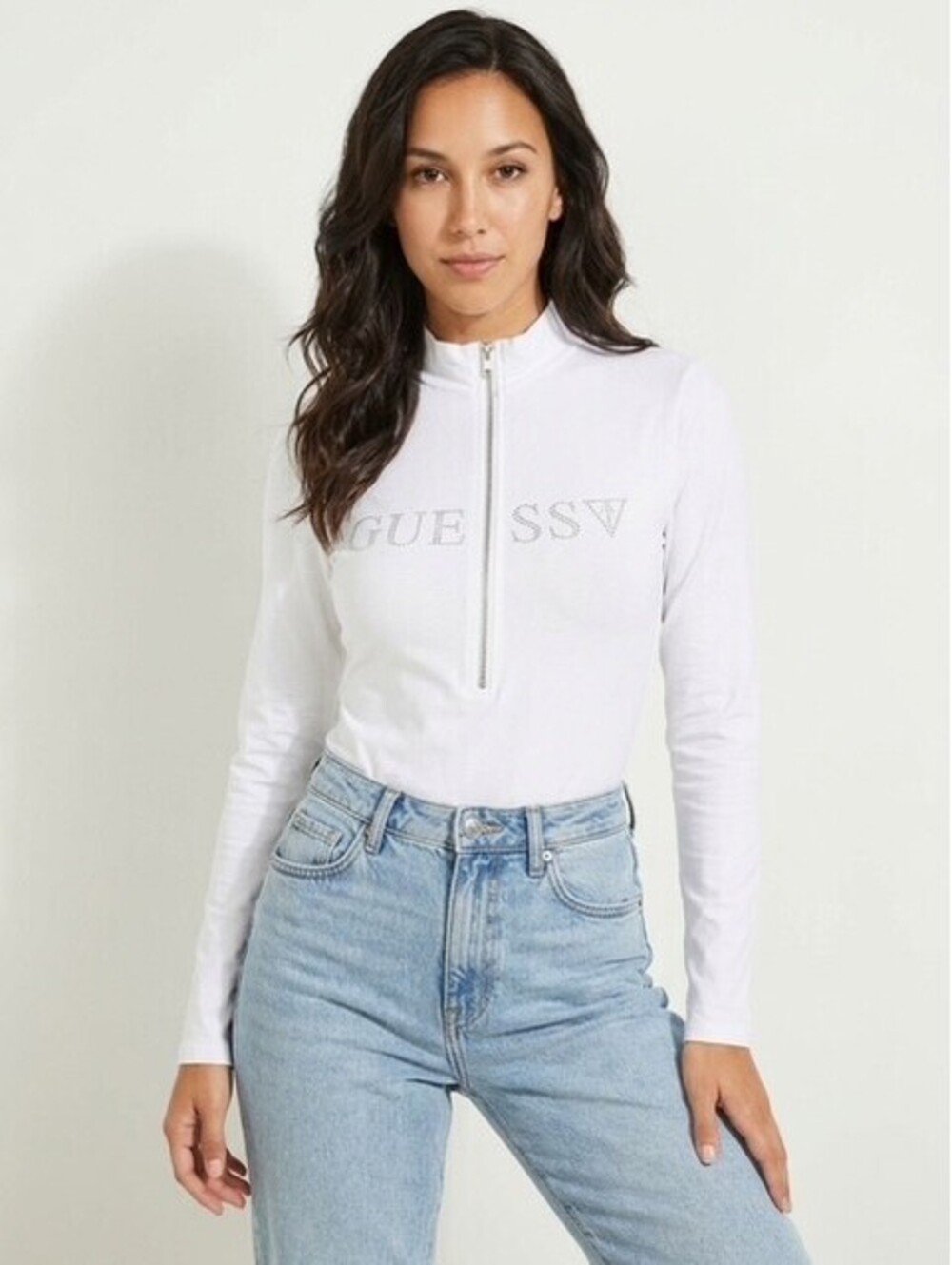 Guess White Long Sleeve Half-Zip Bodysuit with Rhinestone Logo, Size XL